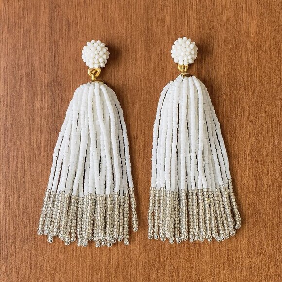 J.Crew White & Silver Beaded Tassel Statement Earrings Brand New! - Picture 5 of 5